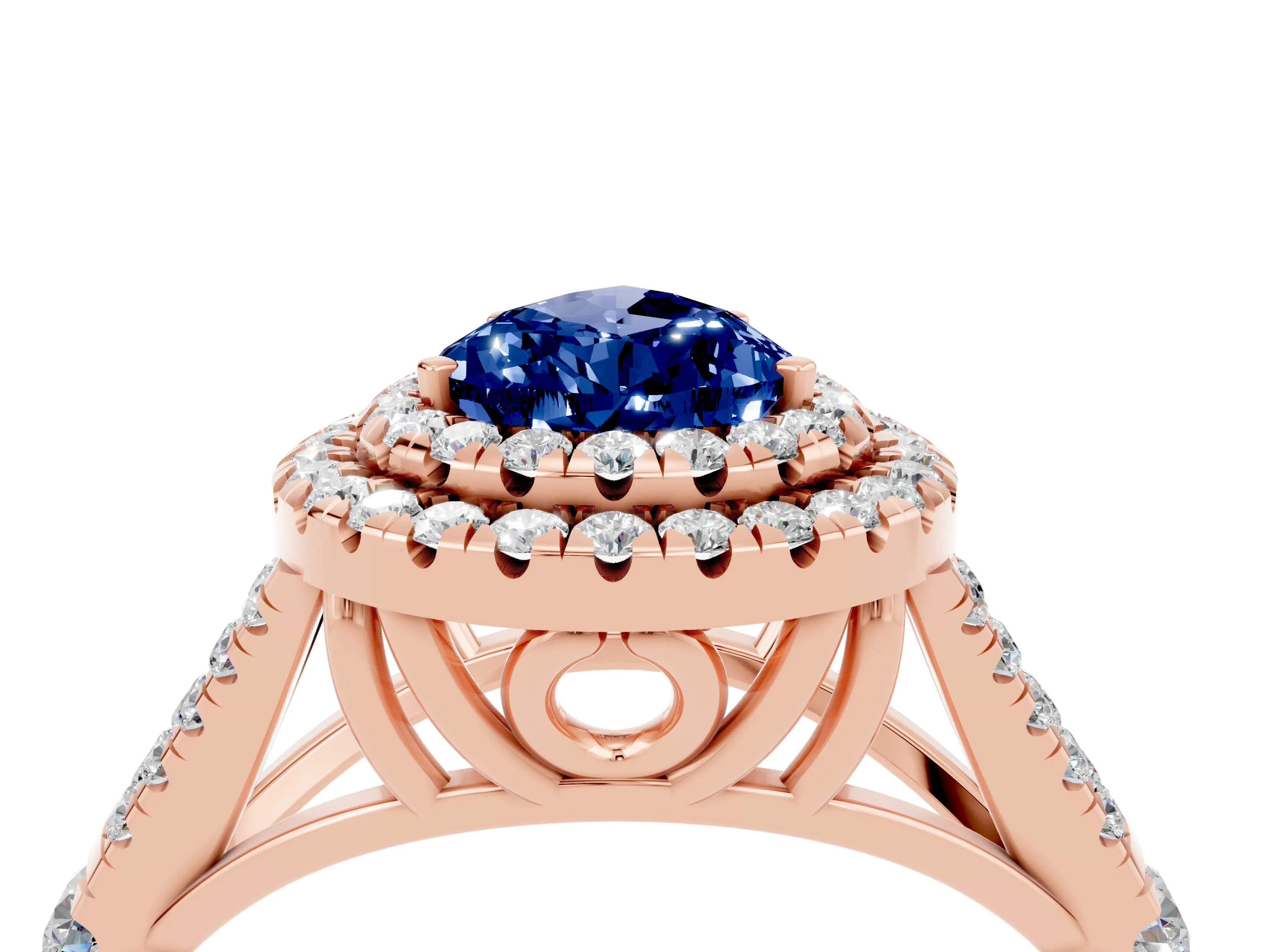 Rose gold Pear Cut Blue Sapphire Double Halo Ring with Split Shank and Prong Setting_16