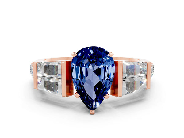 Rose gold Pear Cut Blue Sapphire Engagement Ring with Baguette Side Stones and Channel Set Band
