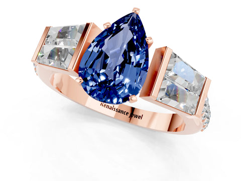 Rose gold Pear Cut Blue Sapphire Engagement Ring with Baguette Side Stones and Channel Set Band_1