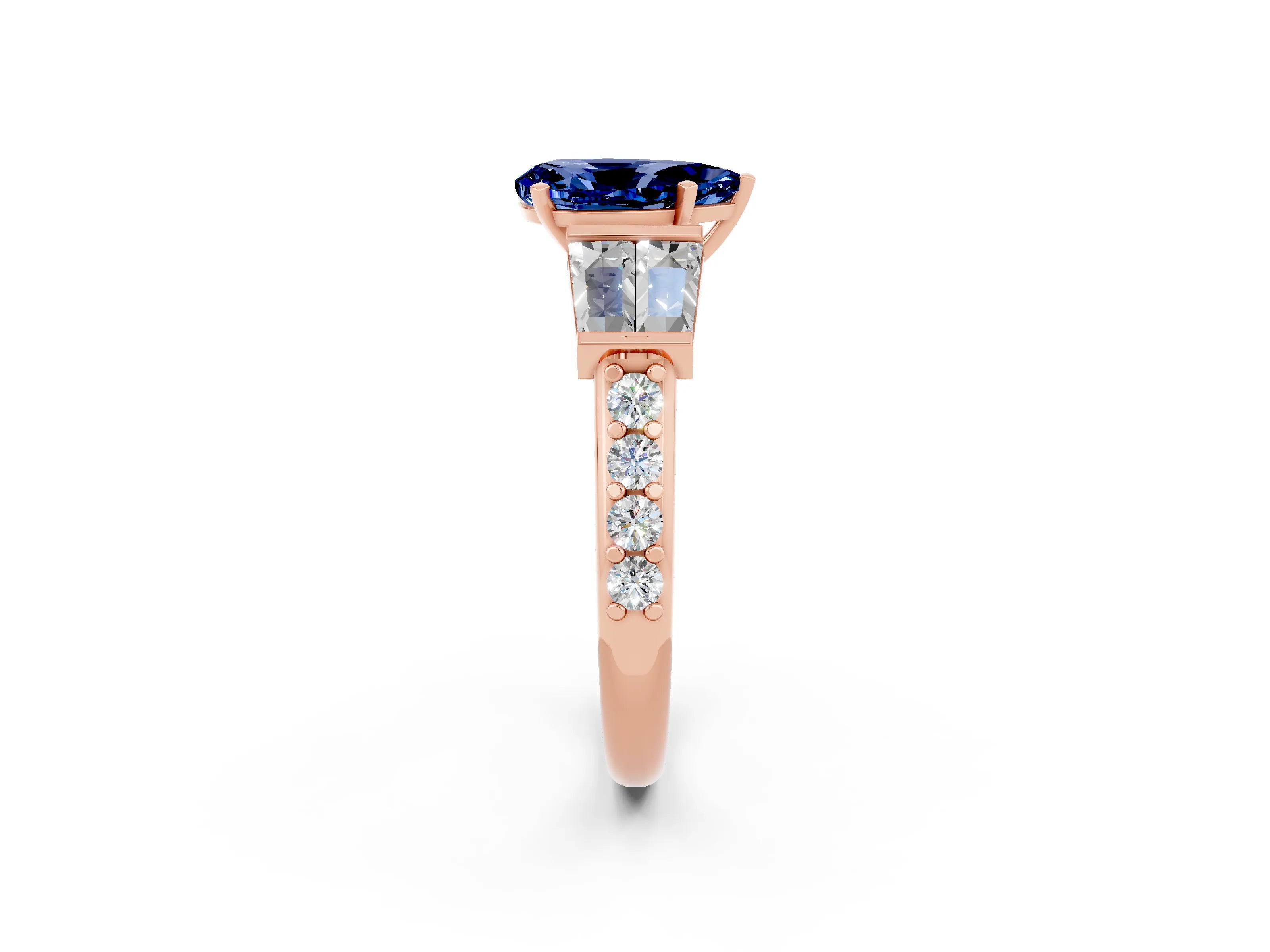 Rose gold Pear Cut Blue Sapphire Engagement Ring with Baguette Side Stones and Channel Set Band_2