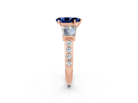 Rose gold Pear Cut Blue Sapphire Engagement Ring with Baguette Side Stones and Channel Set Band_2