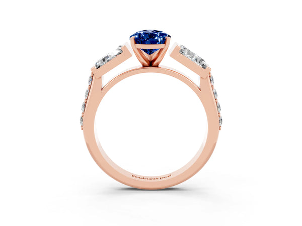 Rose gold Pear Cut Blue Sapphire Engagement Ring with Baguette Side Stones and Channel Set Band