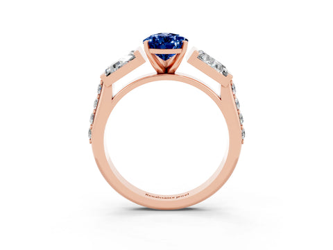 Rose gold Pear Cut Blue Sapphire Engagement Ring with Baguette Side Stones and Channel Set Band_3