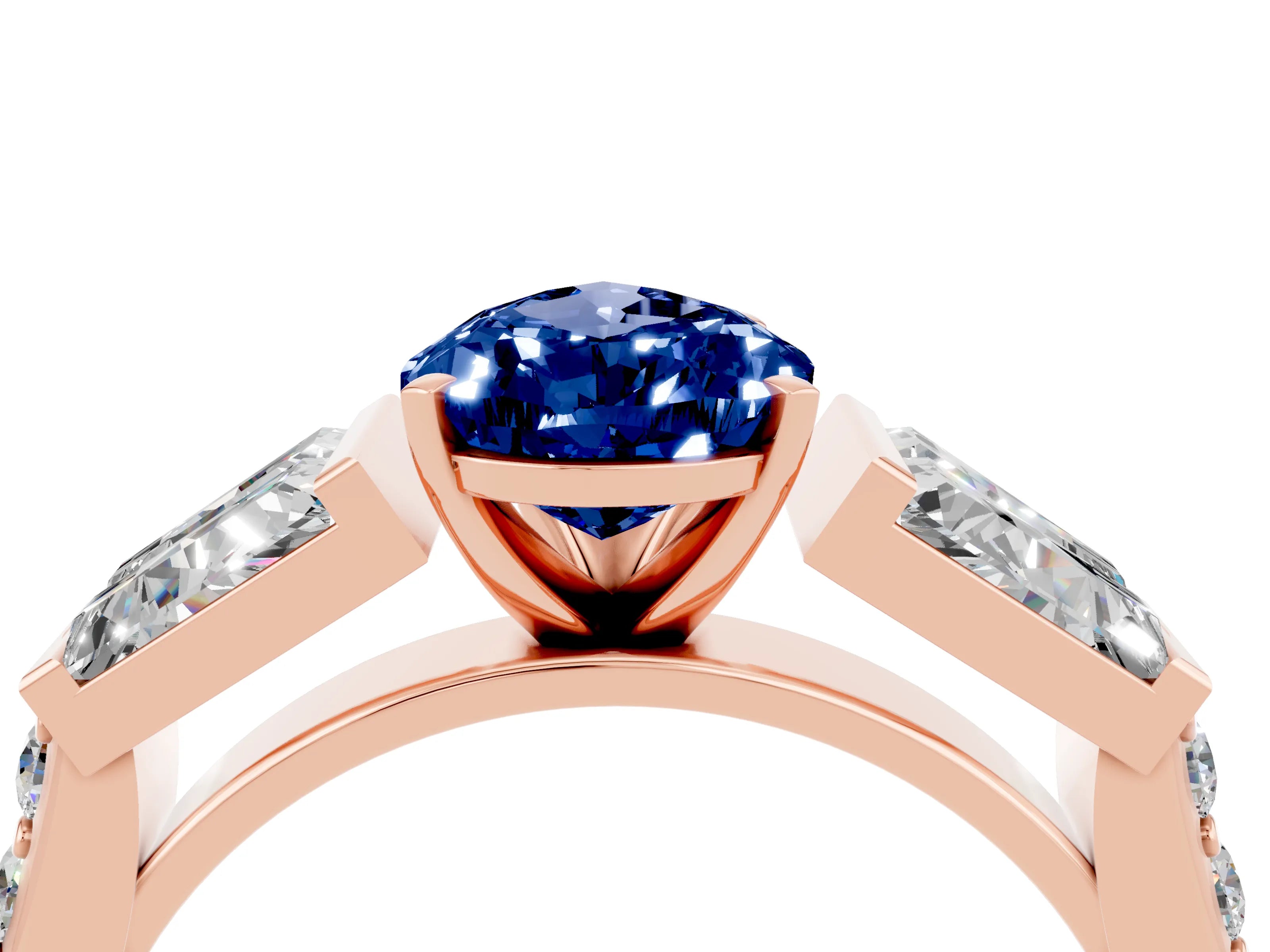 Rose gold Pear Cut Blue Sapphire Engagement Ring with Baguette Side Stones and Channel Set Band_4