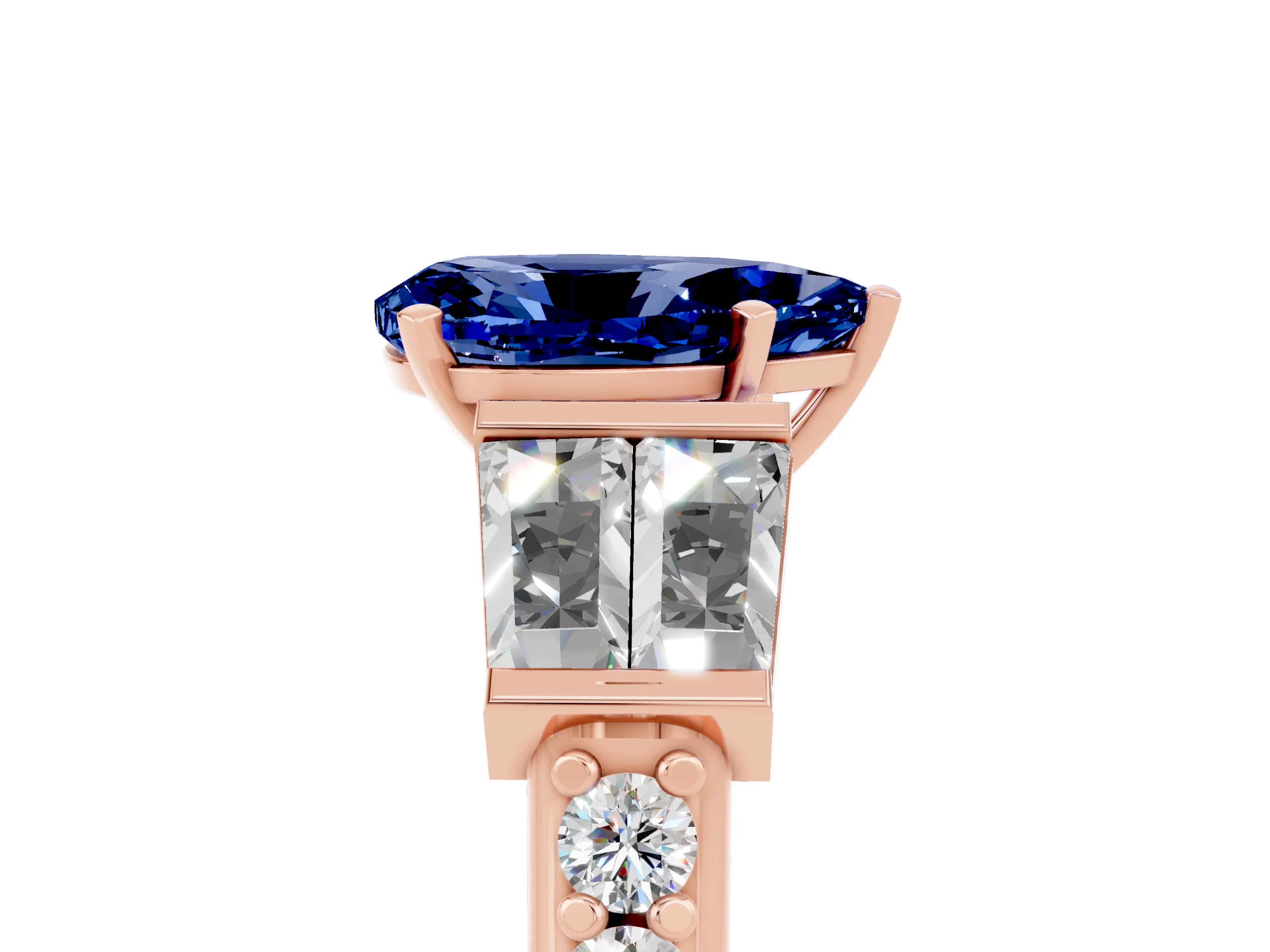 Rose gold Pear Cut Blue Sapphire Engagement Ring with Baguette Side Stones and Channel Set Band_5