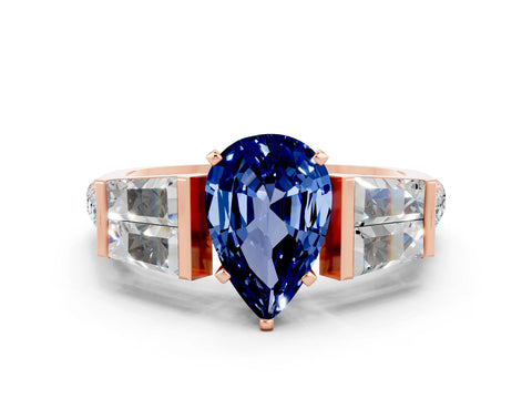 Rose gold Pear Cut Blue Sapphire Engagement Ring with Baguette Side Stones and Channel Set Band