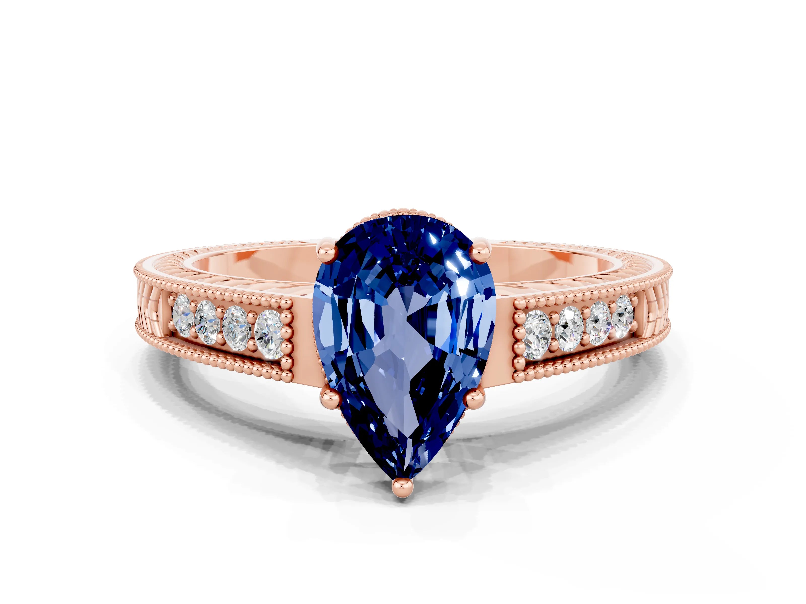Rose gold Pear Cut Blue Sapphire Engagement Ring with Milgrain Channel Set Band and Prong Setting
