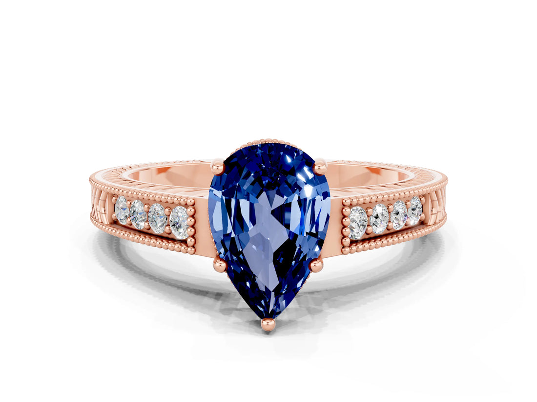 Rose gold Pear Cut Blue Sapphire Engagement Ring with Milgrain Channel Set Band and Prong Setting