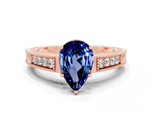 Rose gold Pear Cut Blue Sapphire Engagement Ring with Milgrain Channel Set Band and Prong Setting