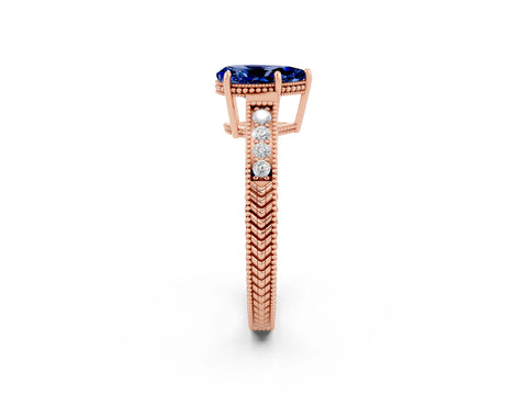 Rose gold Pear Cut Blue Sapphire Engagement Ring with Milgrain Channel Set Band and Prong Setting_2