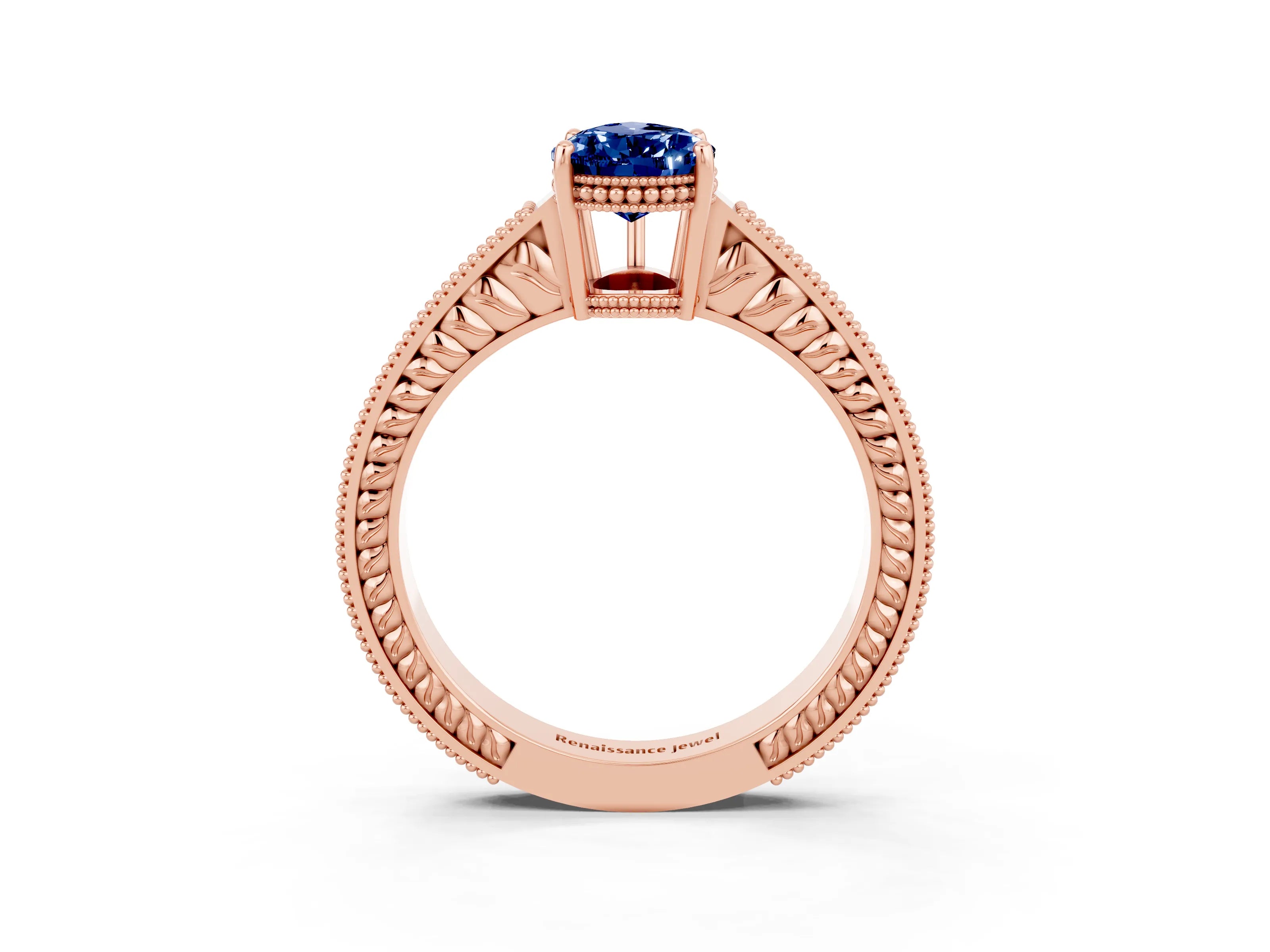 Rose gold Pear Cut Blue Sapphire Engagement Ring with Milgrain Channel Set Band and Prong Setting_3