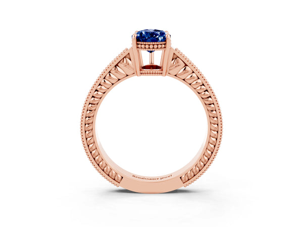 Rose gold Pear Cut Blue Sapphire Engagement Ring with Milgrain Channel Set Band and Prong Setting