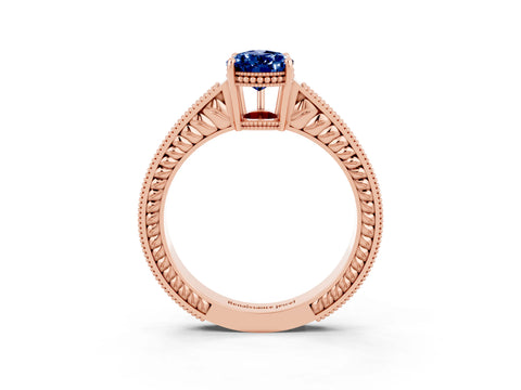 Rose gold Pear Cut Blue Sapphire Engagement Ring with Milgrain Channel Set Band and Prong Setting_3