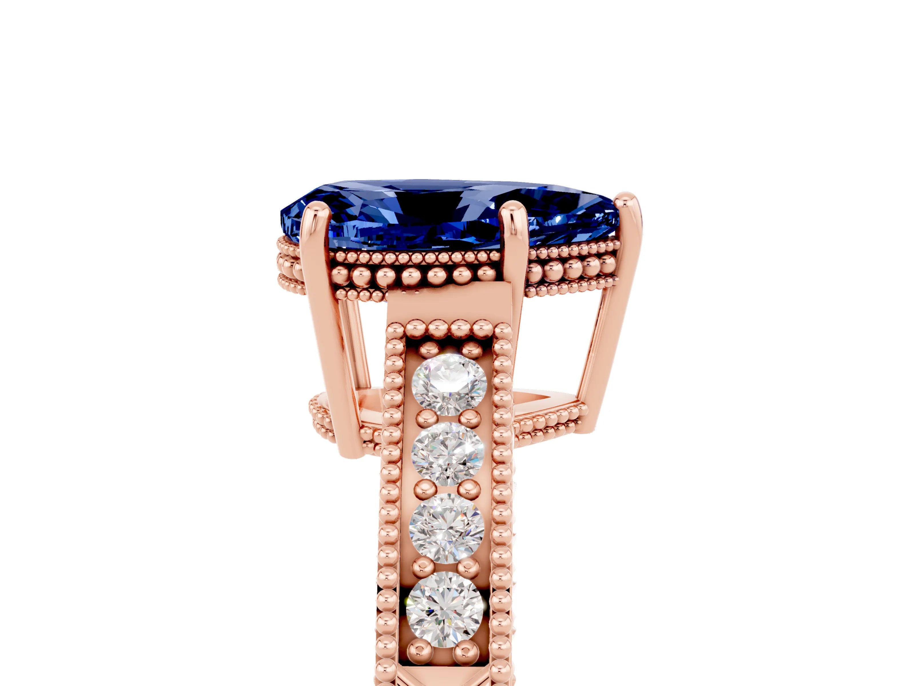 Rose gold Pear Cut Blue Sapphire Engagement Ring with Milgrain Channel Set Band and Prong Setting_5