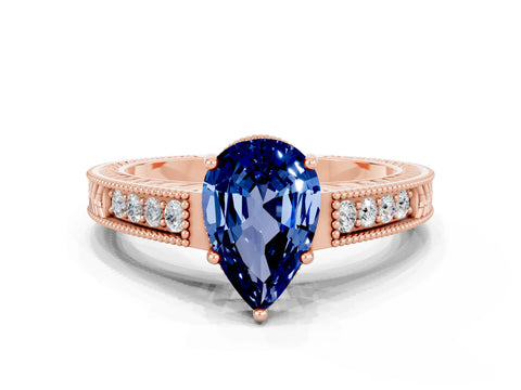 Rose gold Pear Cut Blue Sapphire Engagement Ring with Milgrain Channel Set Band and Prong Setting