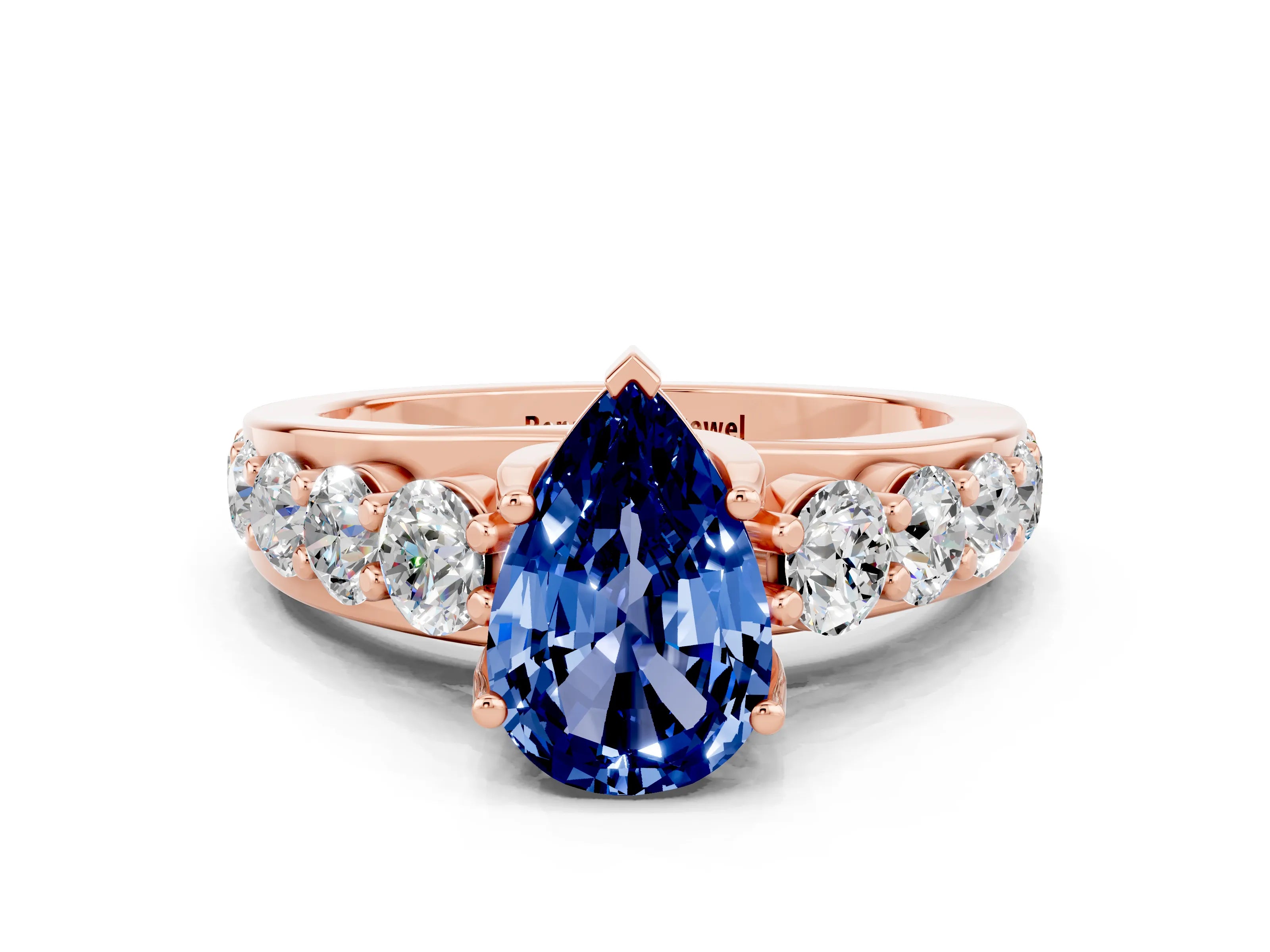 Rose gold Pear Cut Blue Sapphire Engagement Ring with Pavé Band and Four-Prong Setting