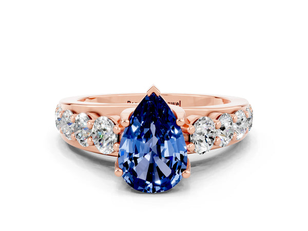 Rose gold Pear Cut Blue Sapphire Engagement Ring with Pavé Band and Four-Prong Setting