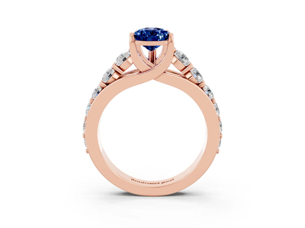 Rose gold Pear Cut Blue Sapphire Engagement Ring with Pavé Band and Four-Prong Setting