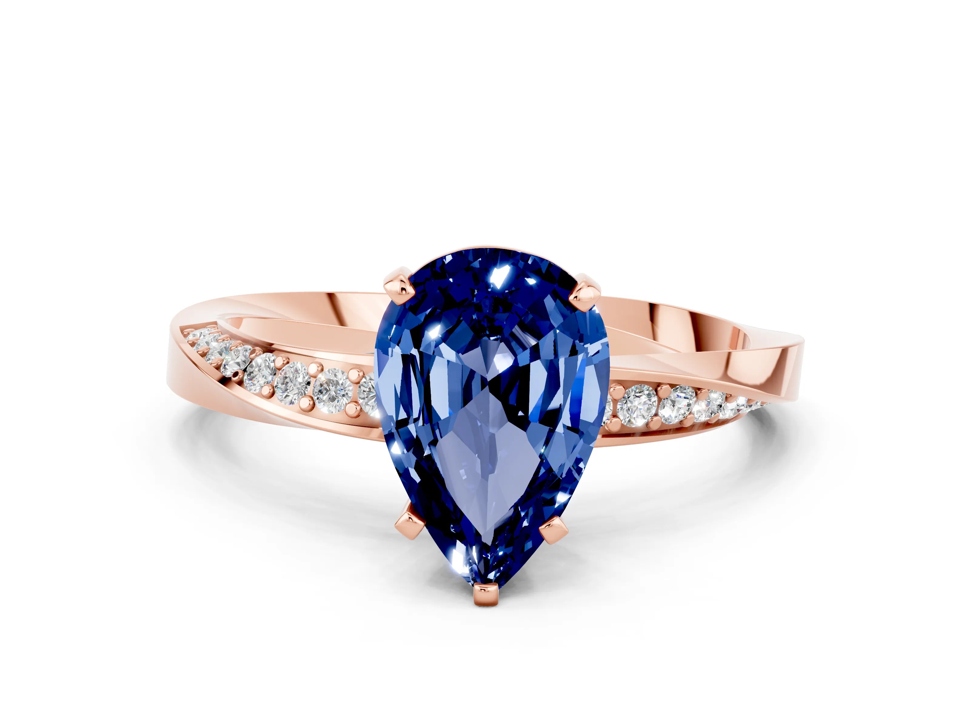 Rose gold Pear Cut Blue Sapphire Engagement Ring with Side Stone Accents and Four-Prong Setting_27
