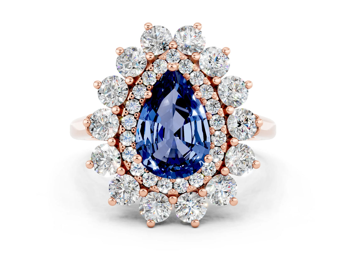 Rose gold Pear Cut Blue Sapphire Floral Double Halo Engagement Ring with Prong Setting_60