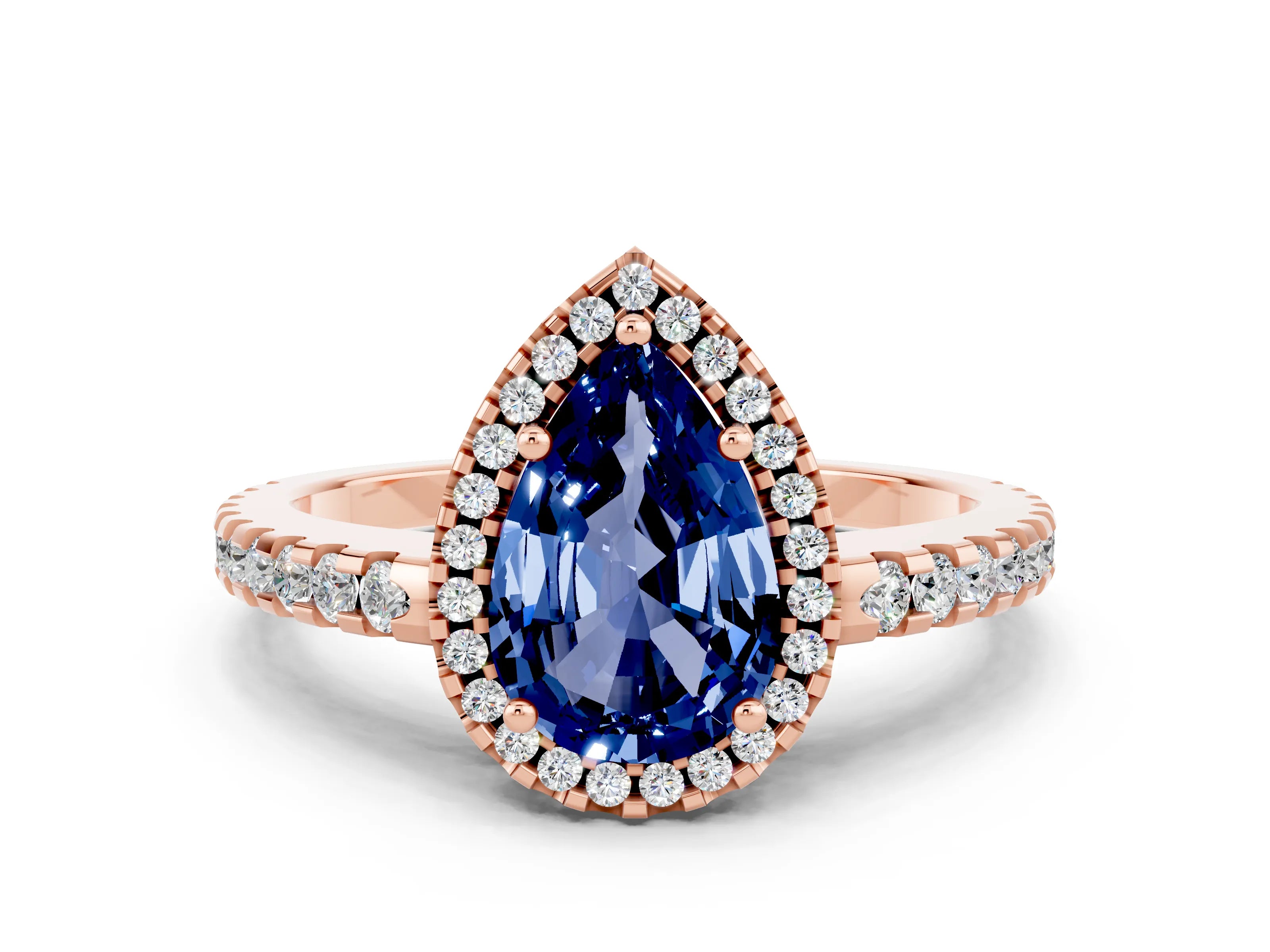 Rose gold Pear Cut Blue Sapphire Halo Engagement Ring with Pavé Band and Prong Setting_12