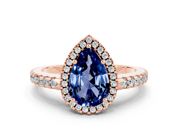 Rose gold Pear Cut Blue Sapphire Halo Engagement Ring with Pavé Band and Prong Setting