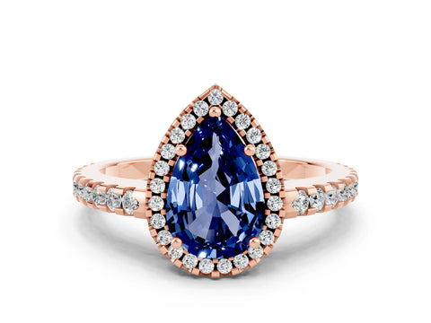 Rose gold Pear Cut Blue Sapphire Halo Engagement Ring with Pavé Band and Prong Setting_12