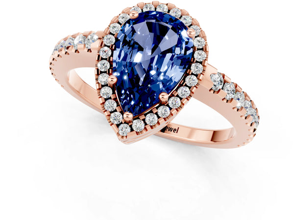 Rose gold Pear Cut Blue Sapphire Halo Engagement Ring with Pavé Band and Prong Setting
