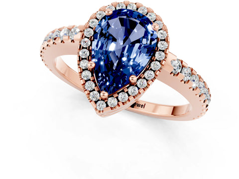 Rose gold Pear Cut Blue Sapphire Halo Engagement Ring with Pavé Band and Prong Setting_13