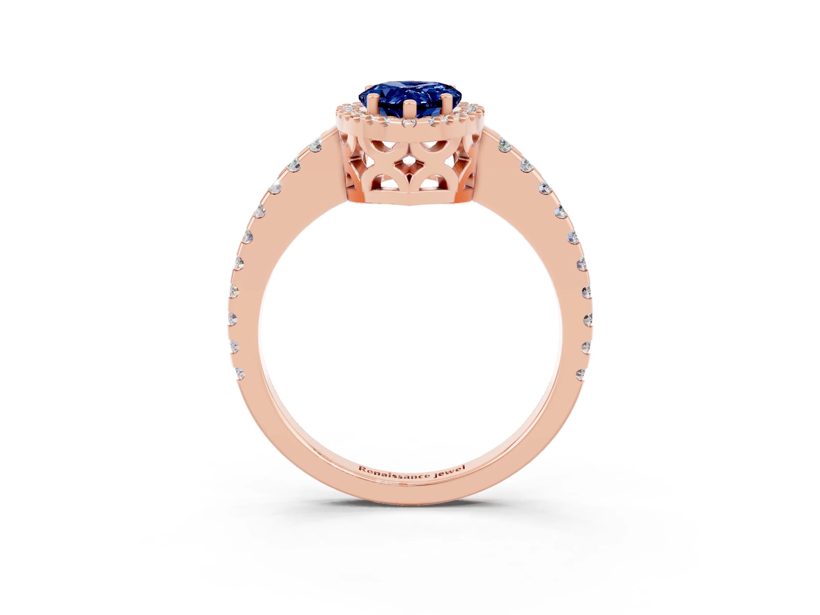 Rose gold Pear Cut Blue Sapphire Halo Engagement Ring with Pavé Band and Prong Setting_15