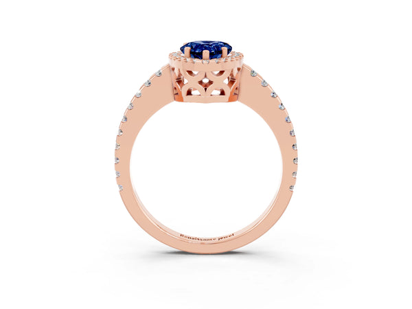 Rose gold Pear Cut Blue Sapphire Halo Engagement Ring with Pavé Band and Prong Setting