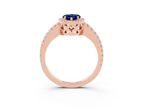 Rose gold Pear Cut Blue Sapphire Halo Engagement Ring with Pavé Band and Prong Setting_15