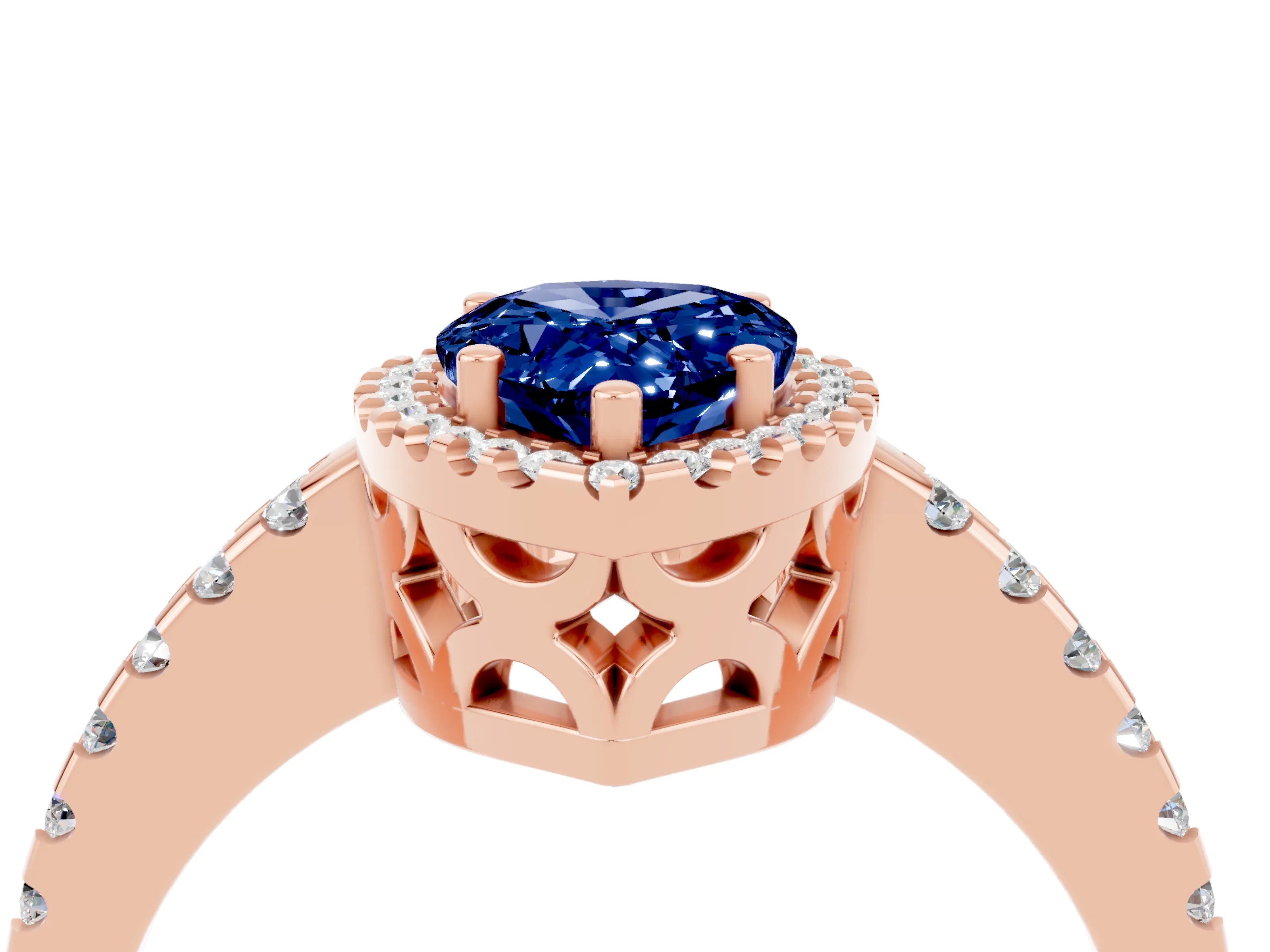 Rose gold Pear Cut Blue Sapphire Halo Engagement Ring with Pavé Band and Prong Setting_16