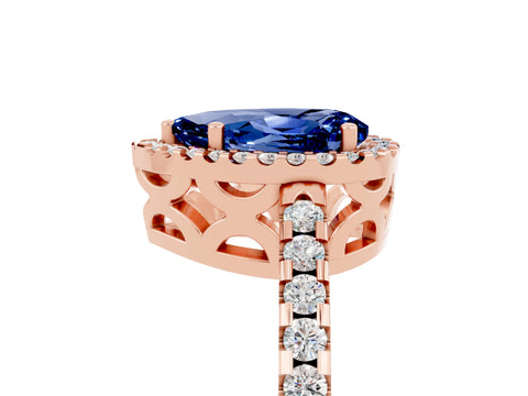 Rose gold Pear Cut Blue Sapphire Halo Engagement Ring with Pavé Band and Prong Setting_17
