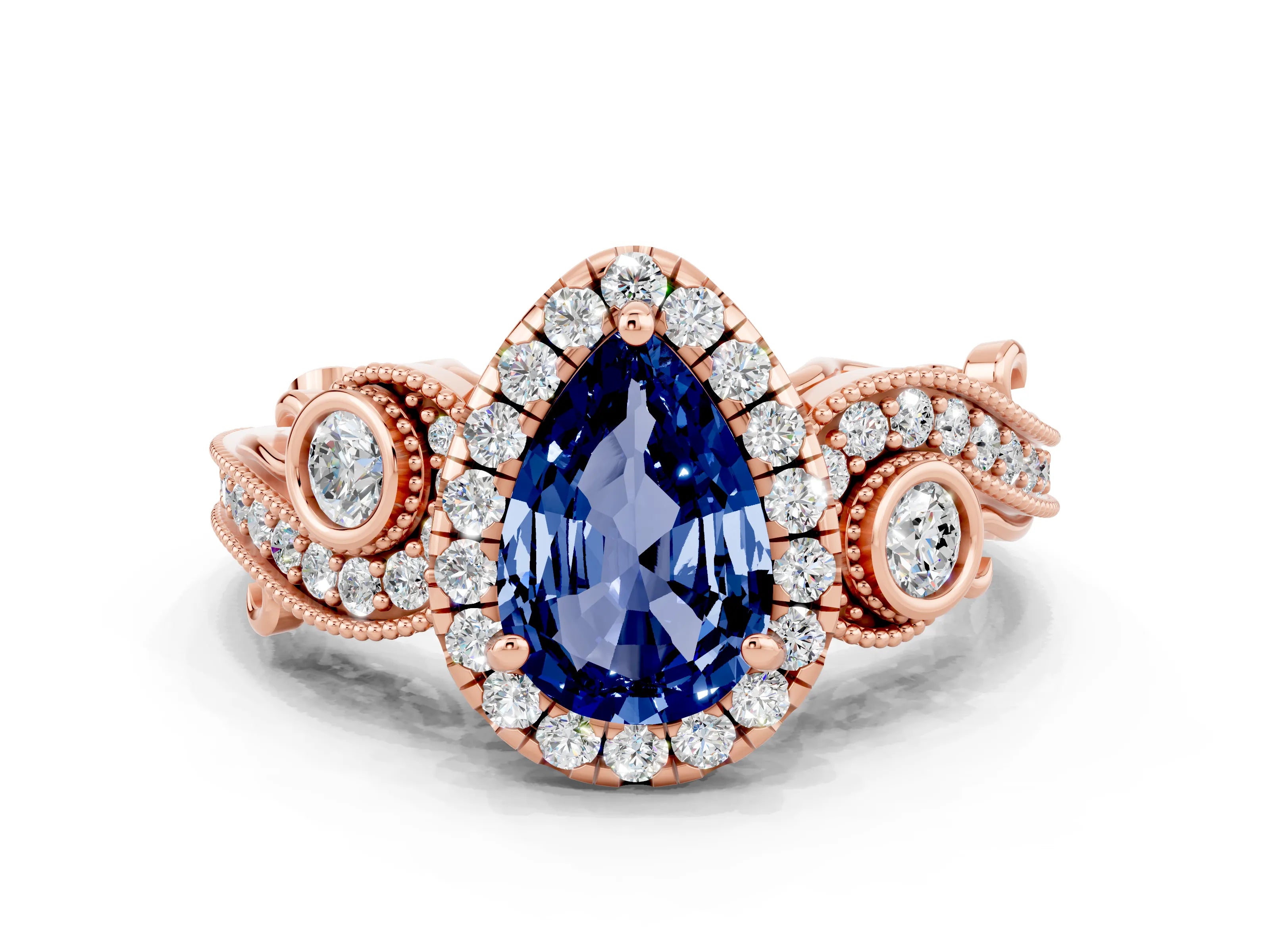 Rose gold Pear Cut Blue Sapphire Halo Ring with Milgrain Pavé Band and Four-Prong Setting_12