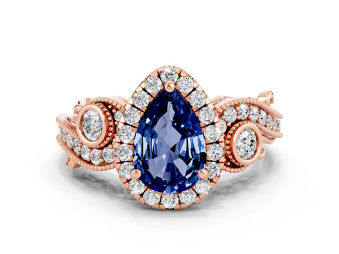 Rose gold Pear Cut Blue Sapphire Halo Ring with Milgrain Pavé Band and Four-Prong Setting_12