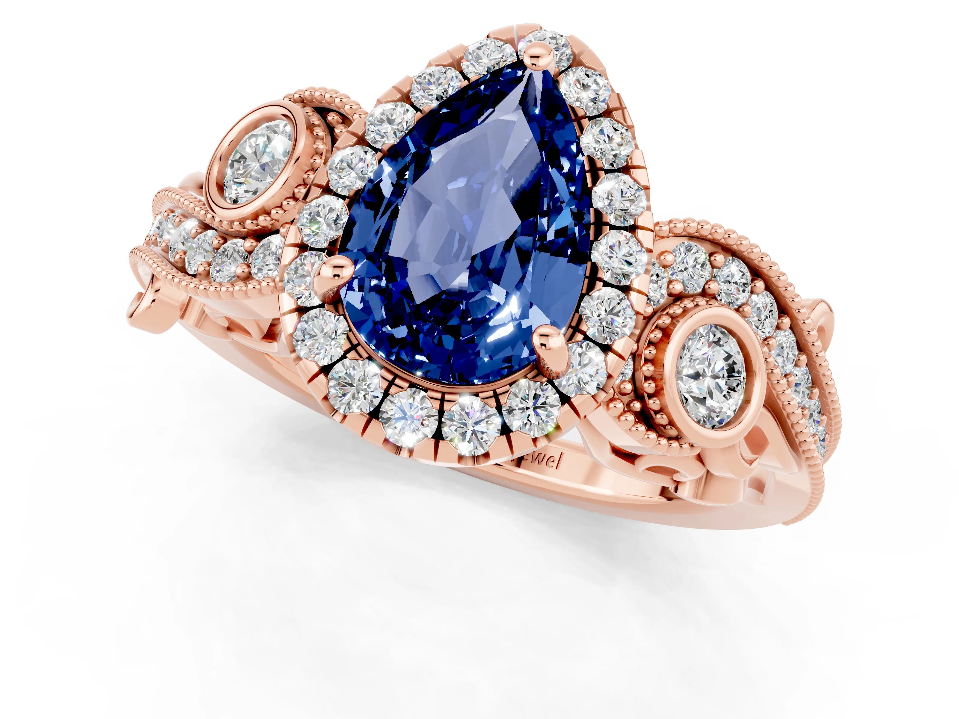 Rose gold Pear Cut Blue Sapphire Halo Ring with Milgrain Pavé Band and Four-Prong Setting_13