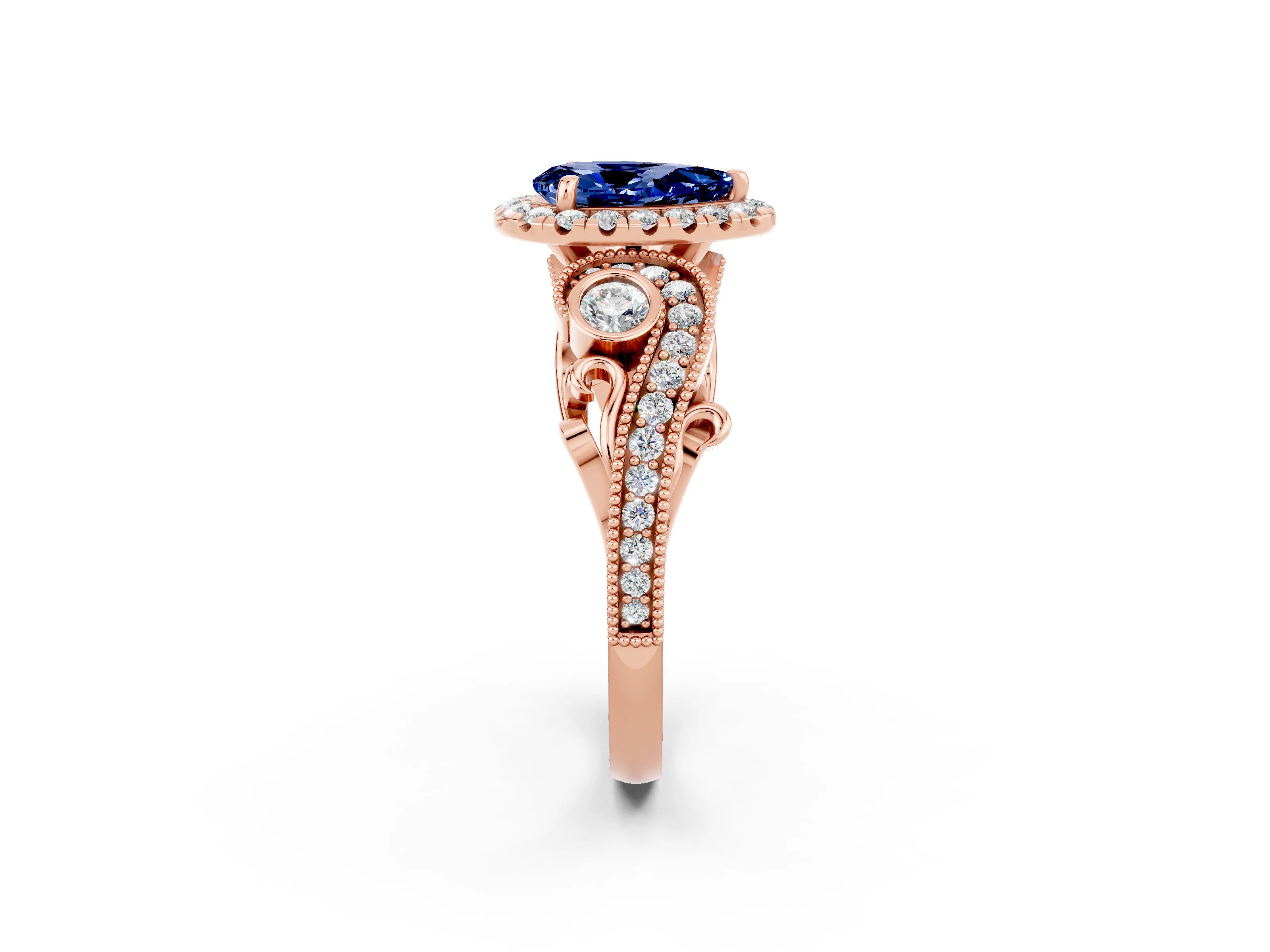 Rose gold Pear Cut Blue Sapphire Halo Ring with Milgrain Pavé Band and Four-Prong Setting_14