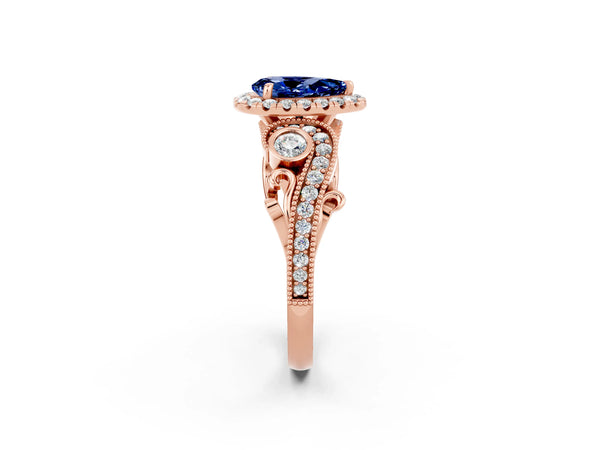 Rose gold Pear Cut Blue Sapphire Halo Ring with Milgrain Pavé Band and Four-Prong Setting