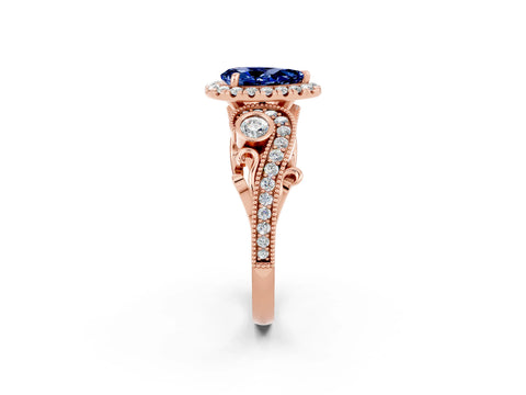 Rose gold Pear Cut Blue Sapphire Halo Ring with Milgrain Pavé Band and Four-Prong Setting_14