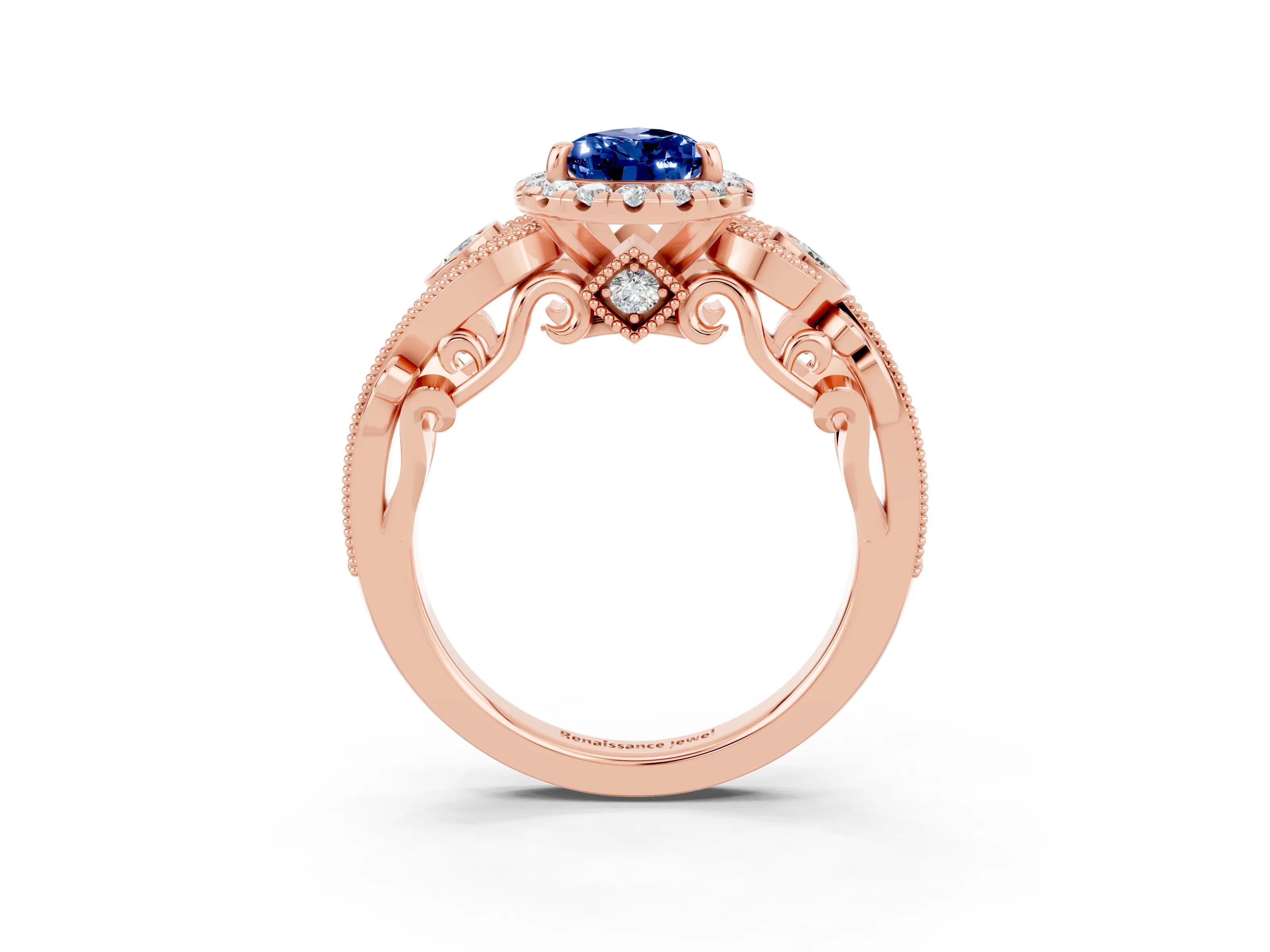 Rose gold Pear Cut Blue Sapphire Halo Ring with Milgrain Pavé Band and Four-Prong Setting_15