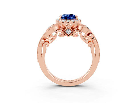 Rose gold Pear Cut Blue Sapphire Halo Ring with Milgrain Pavé Band and Four-Prong Setting_15