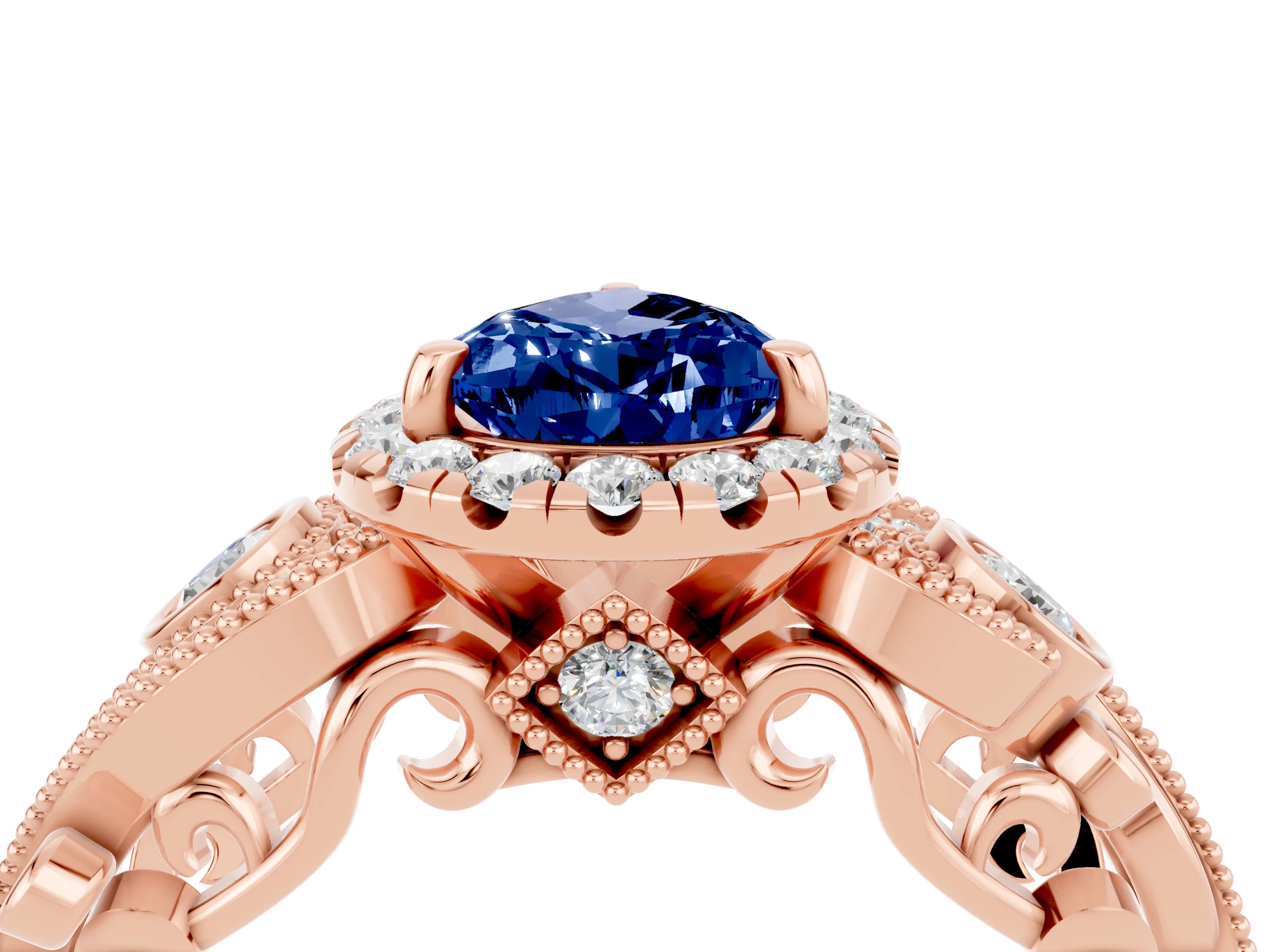 Rose gold Pear Cut Blue Sapphire Halo Ring with Milgrain Pavé Band and Four-Prong Setting_16