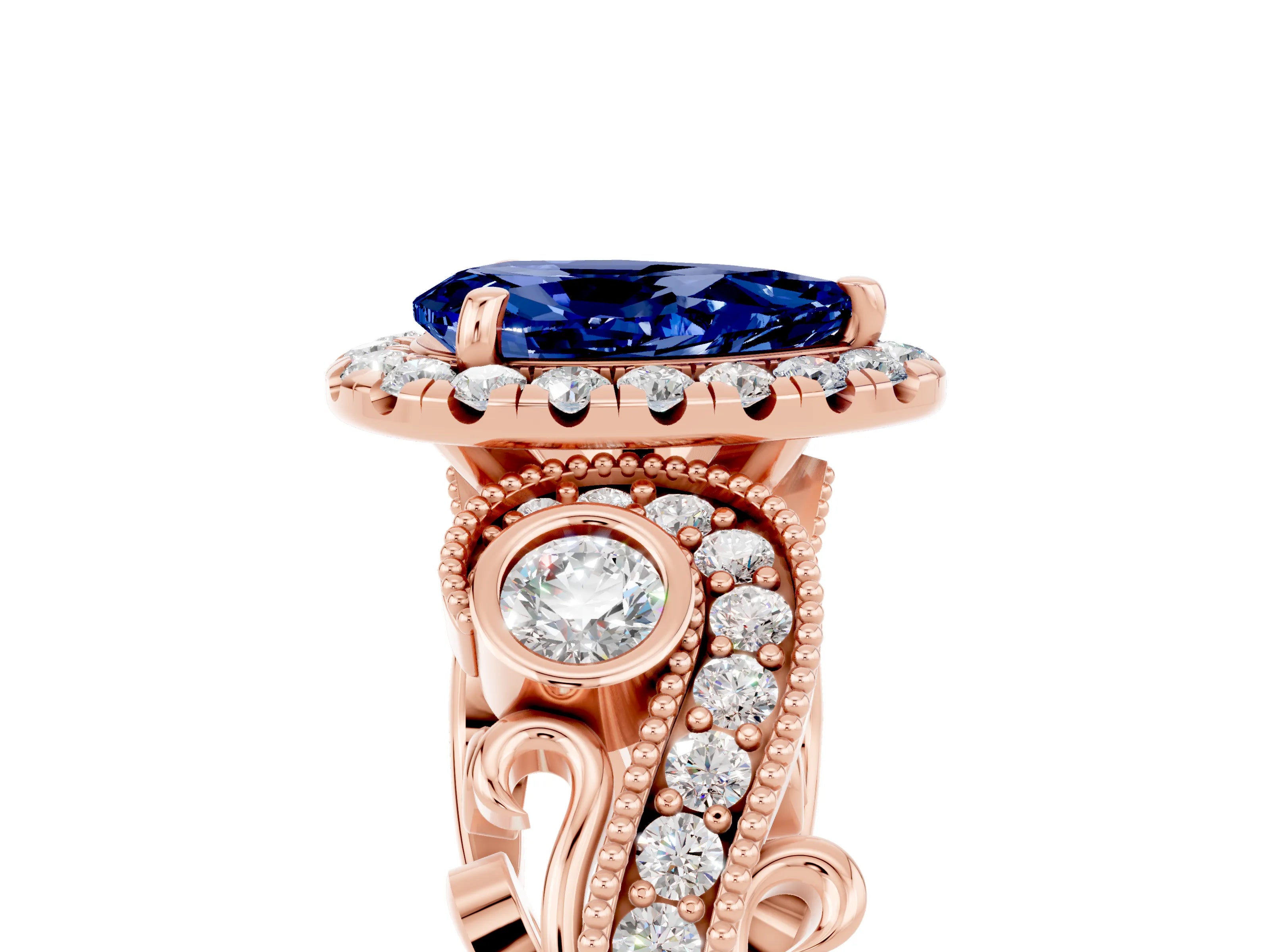 Rose gold Pear Cut Blue Sapphire Halo Ring with Milgrain Pavé Band and Four-Prong Setting_17