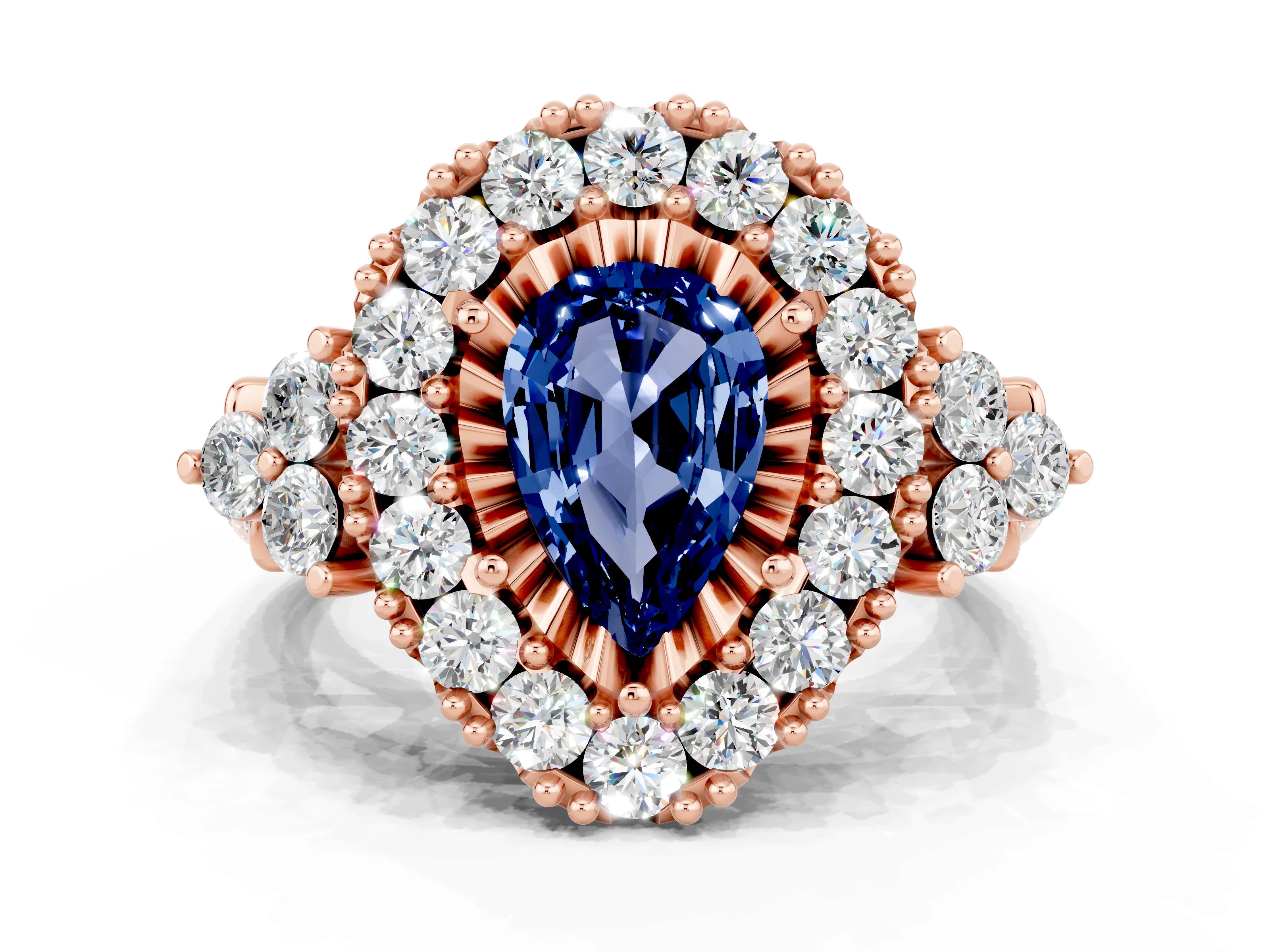 Rose gold Pear Cut Blue Sapphire Halo Ring with Pavé Band and Four-Prong Setting_12