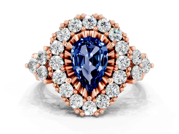 Rose gold Pear Cut Blue Sapphire Halo Ring with Pavé Band and Four-Prong Setting