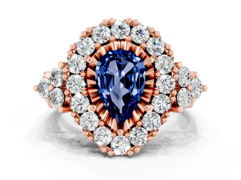 Rose gold Pear Cut Blue Sapphire Halo Ring with Pavé Band and Four-Prong Setting_12