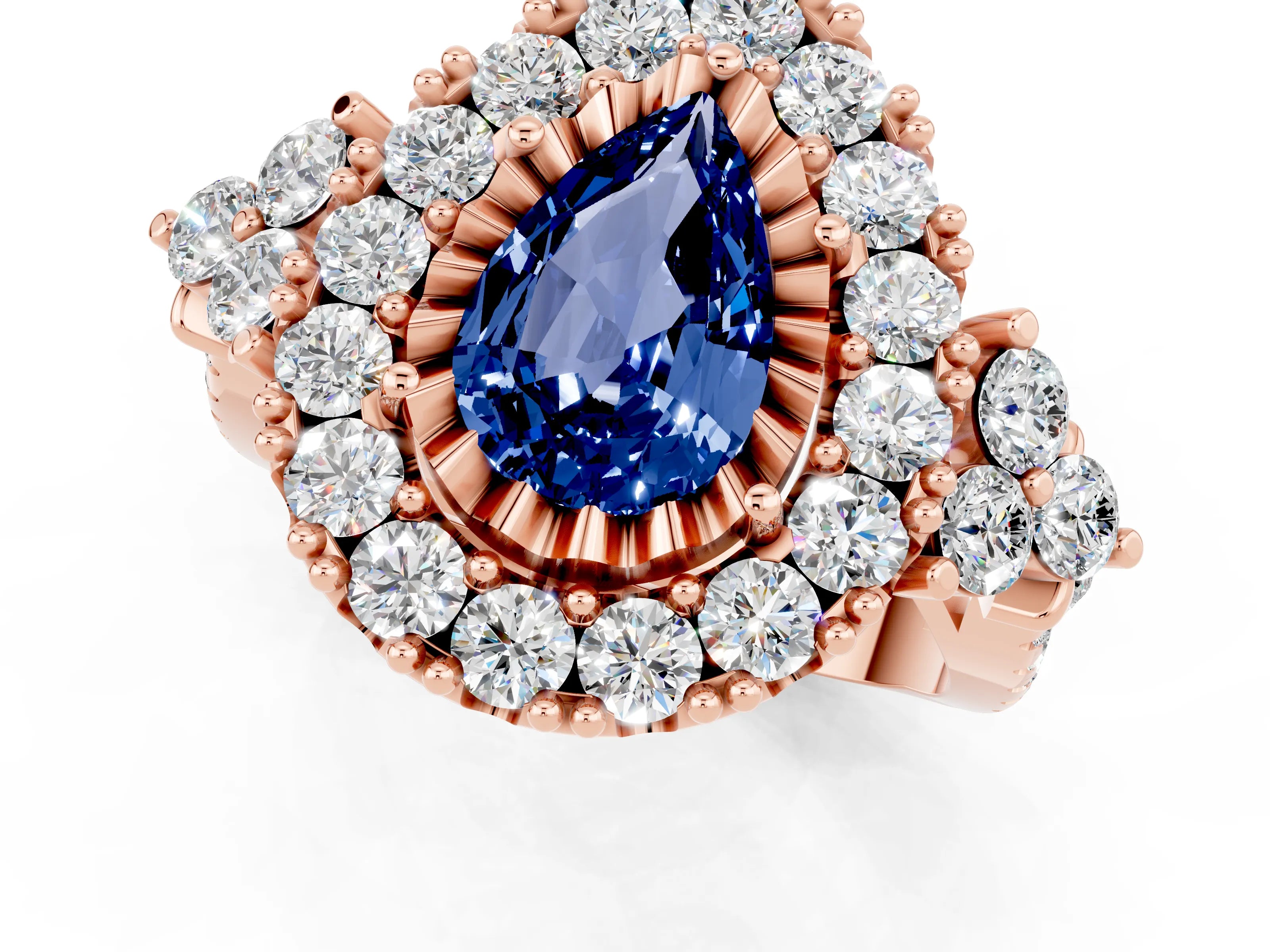 Rose gold Pear Cut Blue Sapphire Halo Ring with Pavé Band and Four-Prong Setting_13