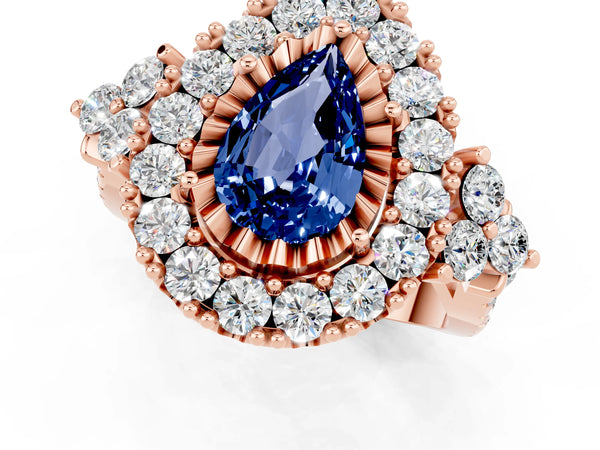 Rose gold Pear Cut Blue Sapphire Halo Ring with Pavé Band and Four-Prong Setting