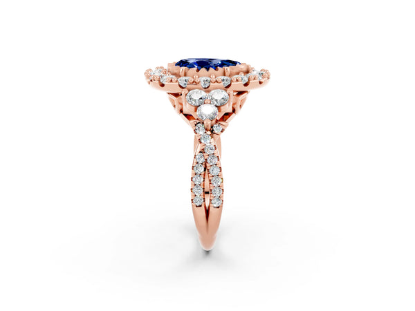 Rose gold Pear Cut Blue Sapphire Halo Ring with Pavé Band and Four-Prong Setting